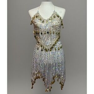 Belly Dance Costume 2pc Set White Sequin Coin Halter Top Skirt S/M Festival